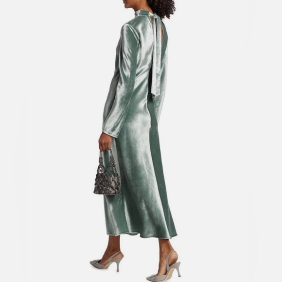 Vince Dress Long-Sleeve Funnel-Neck Tie-Back MIDI in Velvet Aegean Blue Size:M - Picture 5 of 8